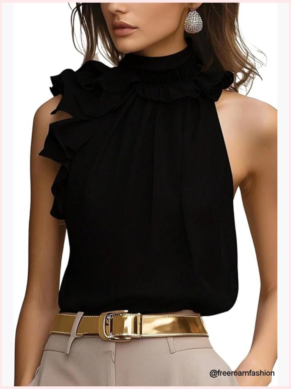 Elegant Blouse Ruffle Trim Sleeveless Mock Neck Halter Tank Top Office Outfit
